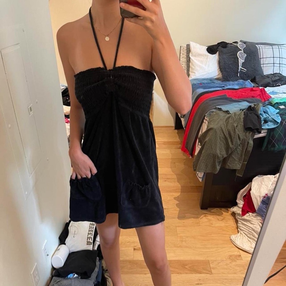 Target Black Terry Cloth Halter Mini Dress with Pockets